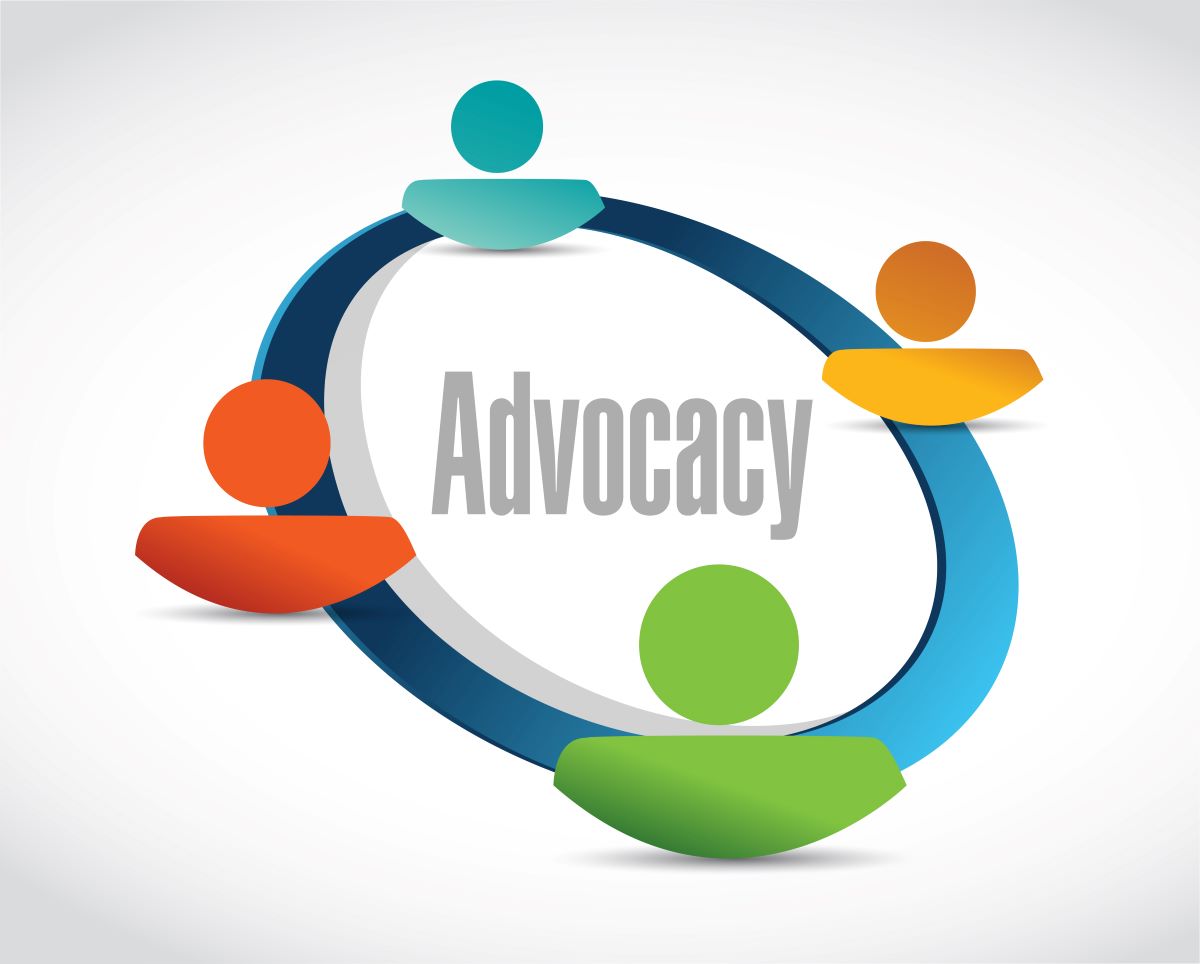 Abstract representation of people in unity surrounding the word "advocacy".