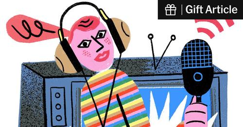 Illustration of a person with pink skin wearing headphones, speaking into a microphone, with radio equipment and a "gift article" label.
