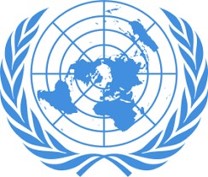 Logo of the united nations featuring a projection of the world map encircled by olive branches.