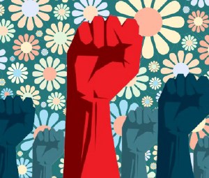 Raised fists against a floral background, symbolizing unity and strength.