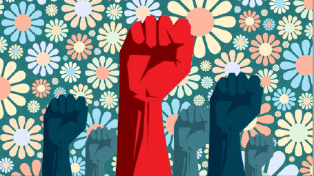 Raised fists against a floral background, symbolizing unity and strength.