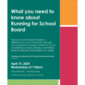 Promotional poster for a school board candidacy information event on april 10, 2024.