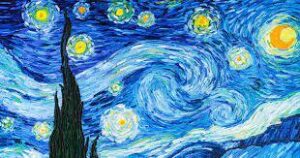 A painting of a starry night with swirling blue sky and bright stars.