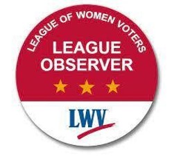 Round badge with a red top section labeled "league of women voters" and a white bottom section marked "league observer." it features the "lwv" logo and three gold stars.