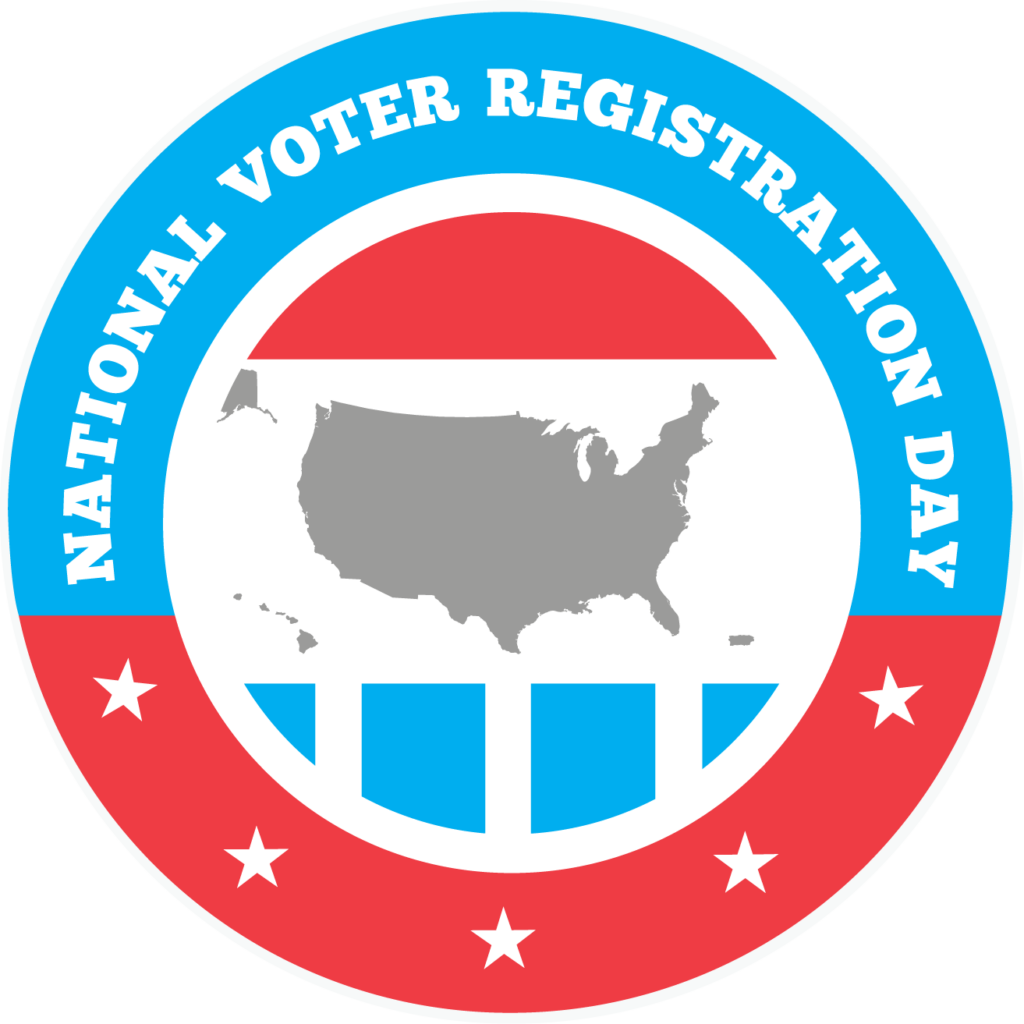 Circular emblem with a blue and red border, featuring "National Voter Registration Day" text, a grayscale map of the United States, and five white stars.