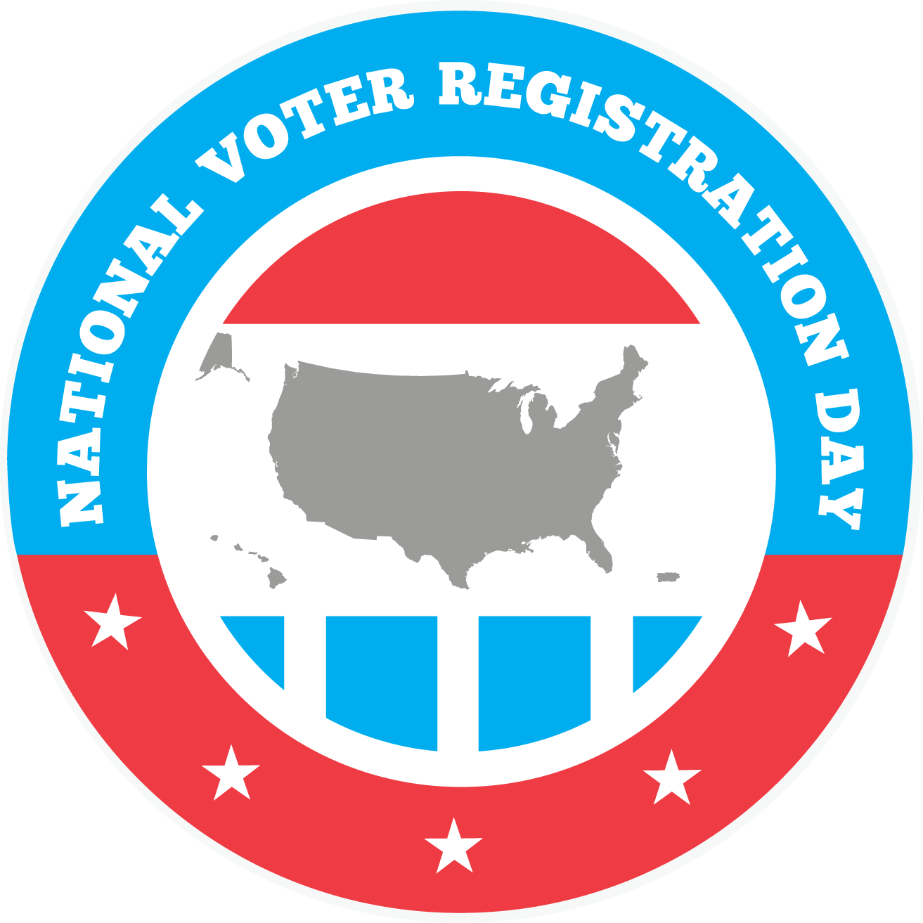 Circular emblem with a blue and red border, featuring "National Voter Registration Day" text, a grayscale map of the United States, and five white stars.