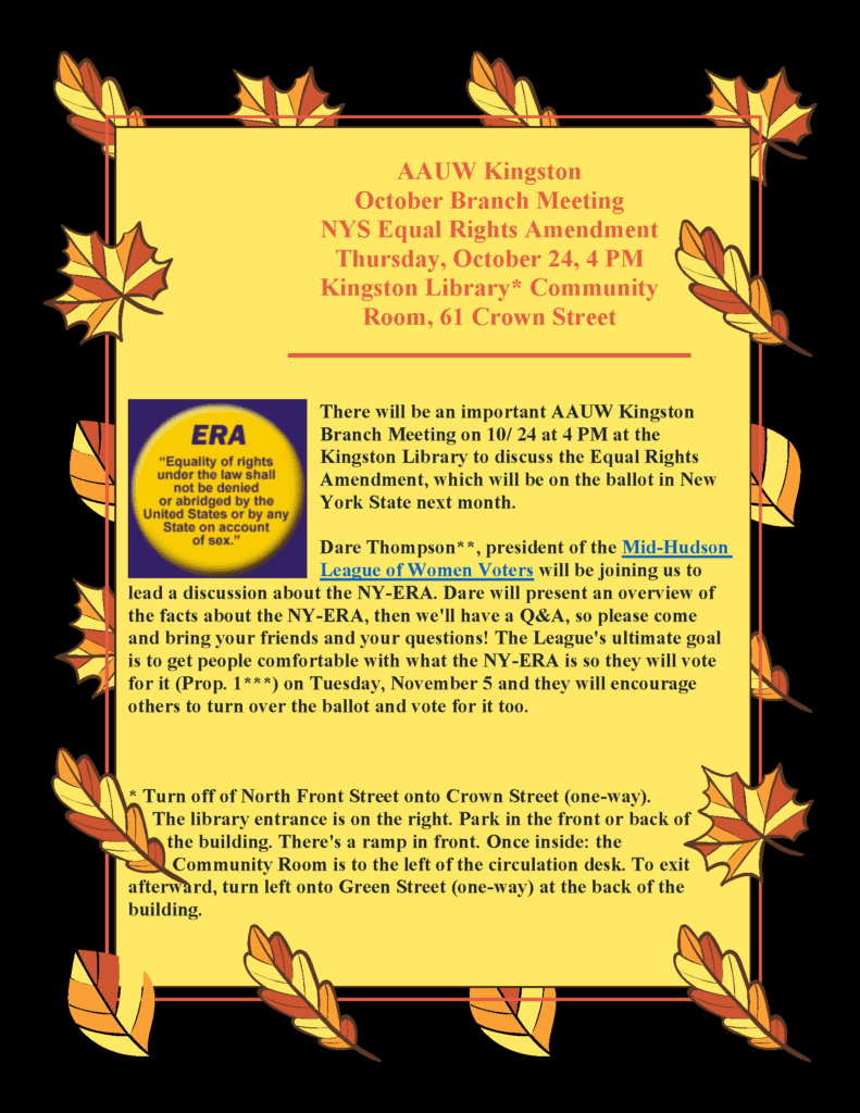 Flyer for AAUW Kingston meeting on October 24 about NYS Equal Rights Amendment, featuring a yellow silhouette of New York and details about event location and guest speaker Dare Thompson.